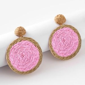 Pink Circle Rattan Earrings Straw Raffia Earrings Bohemian Jewelry